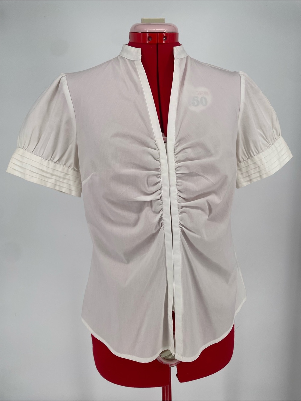 Y2K 90s Worthington Petite Crisp White Work Blouse Ruched Front Hook & Eye Close